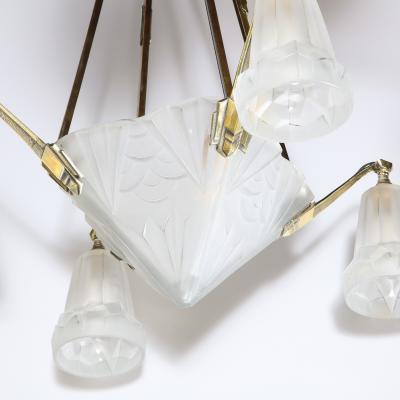 Art Deco Four Arm Frosted Glass Silvered Bronze Chandelier with Cubist Motifs