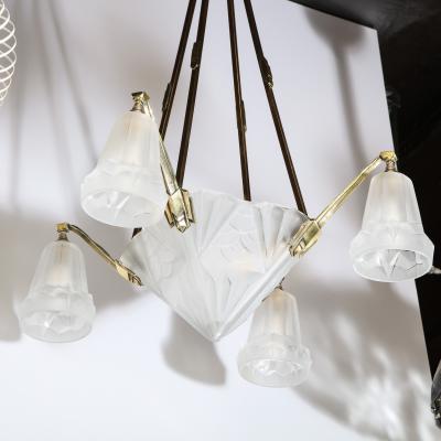 Art Deco Four Arm Frosted Glass Silvered Bronze Chandelier with Cubist Motifs
