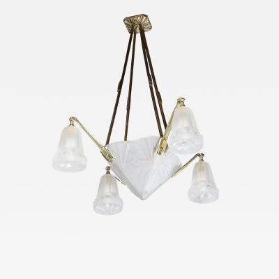 Art Deco Four Arm Frosted Glass Silvered Bronze Chandelier with Cubist Motifs