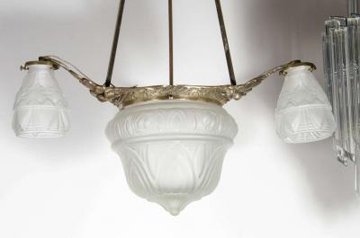 Art Deco Four Globe Frosted Relief Glass Chandelier in Silvered Bronze