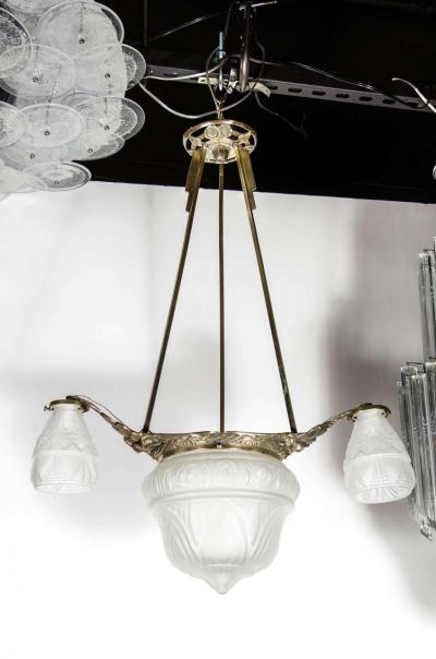 Art Deco Four Globe Frosted Relief Glass Chandelier in Silvered Bronze