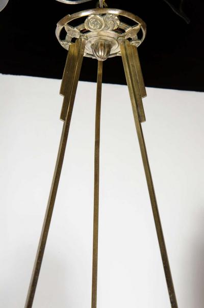 Art Deco Four Globe Frosted Relief Glass Chandelier in Silvered Bronze