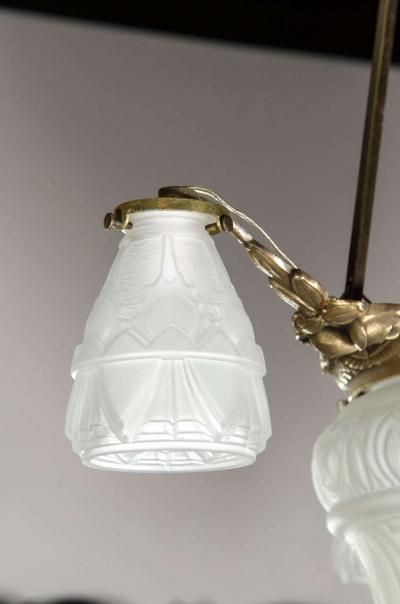 Art Deco Four Globe Frosted Relief Glass Chandelier in Silvered Bronze