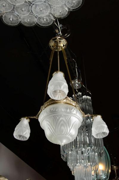 Art Deco Four Globe Frosted Relief Glass Chandelier in Silvered Bronze