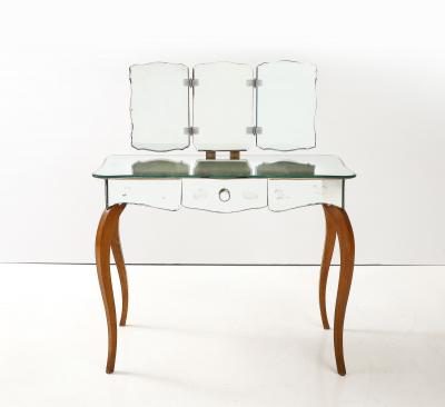 Art Deco French Mirrored Vanity on Serpentine Legs with Tri Fold Mirror