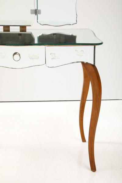 Art Deco French Mirrored Vanity on Serpentine Legs with Tri Fold Mirror