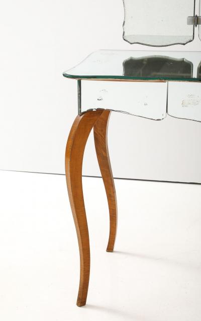 Art Deco French Mirrored Vanity on Serpentine Legs with Tri Fold Mirror