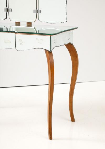 Art Deco French Mirrored Vanity on Serpentine Legs with Tri Fold Mirror