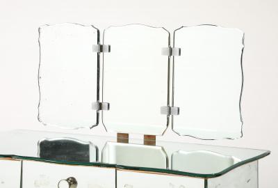 Art Deco French Mirrored Vanity on Serpentine Legs with Tri Fold Mirror