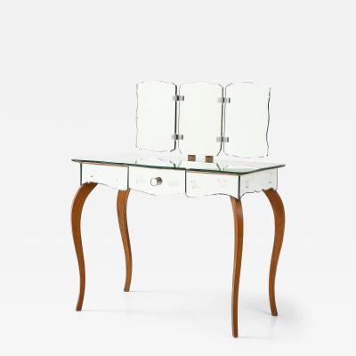 Art Deco French Mirrored Vanity on Serpentine Legs with Tri Fold Mirror