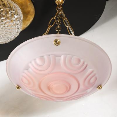 Art Deco Frosted Geometric Rose Glass Brass Fitted Pendant Chandelier