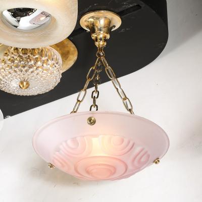 Art Deco Frosted Geometric Rose Glass Brass Fitted Pendant Chandelier