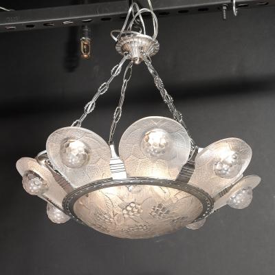 Art Deco Frosted Glass Chandelier with Stylized Cubist Floral Motif