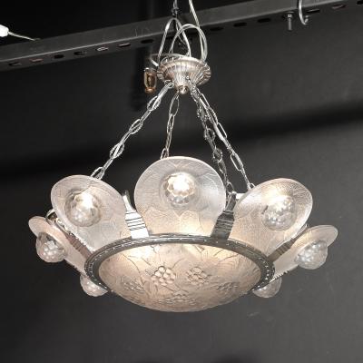 Art Deco Frosted Glass Chandelier with Stylized Cubist Floral Motif