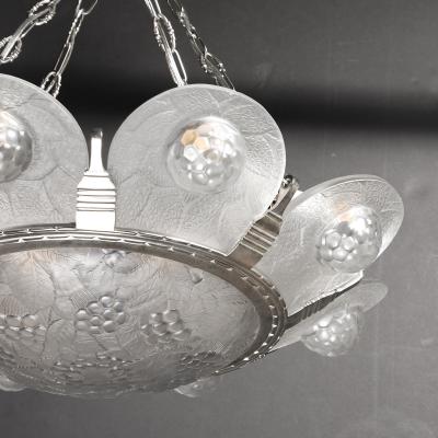 Art Deco Frosted Glass Chandelier with Stylized Cubist Floral Motif