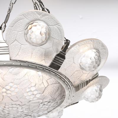 Art Deco Frosted Glass Chandelier with Stylized Cubist Floral Motif