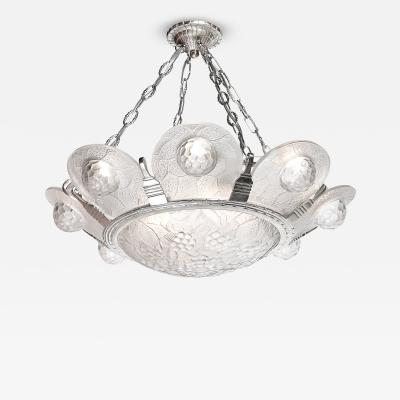Art Deco Frosted Glass Chandelier with Stylized Cubist Floral Motif