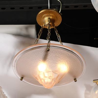 Art Deco Frosted Rose Skyscraper Style Molded Glass Chandelier W Brass Fittings