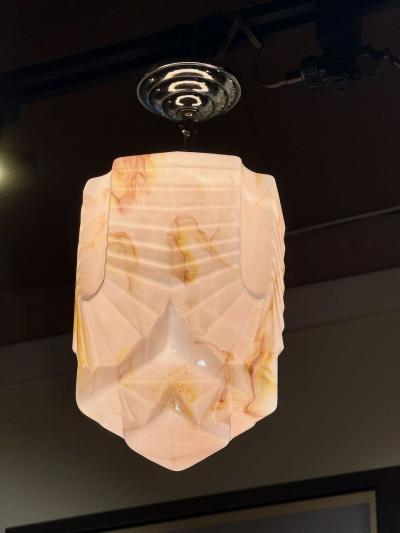 Art Deco Geometric Ceiling Lamp with Rare Marbled Glass France c 1930
