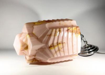 Art Deco Geometric Ceiling Lamp with Rare Marbled Glass France c 1930