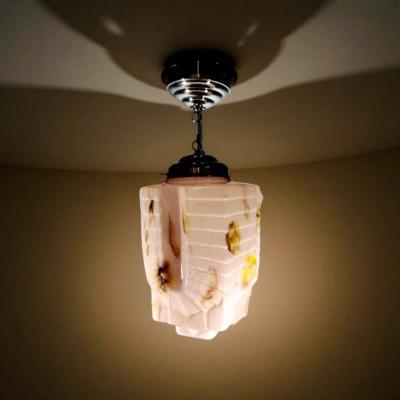 Art Deco Geometric Ceiling Lamp with Rare Marbled Glass France c 1930