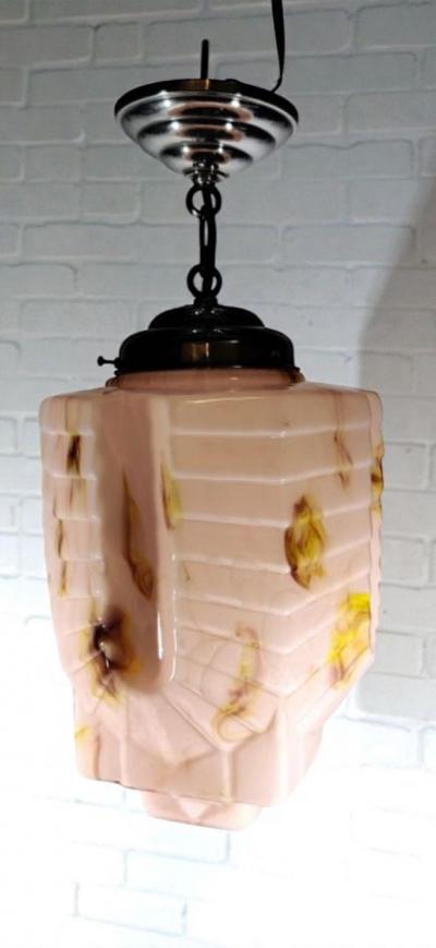 Art Deco Geometric Ceiling Lamp with Rare Marbled Glass France c 1930