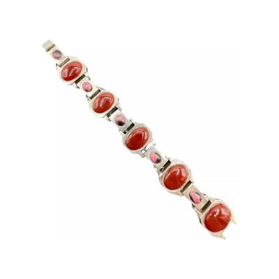 Art Deco German Sterling Silver Agate and Rhodonite Bracelet