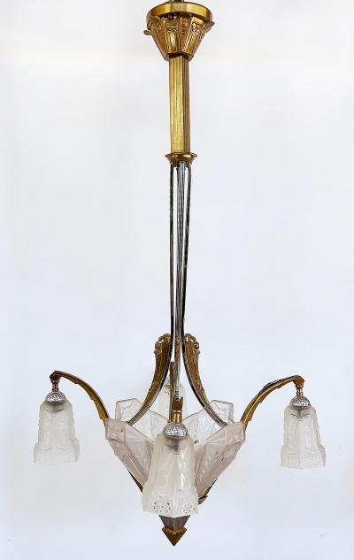 Art Deco Gilt Silvered Bronze Chandelier Frosted Glass Shades