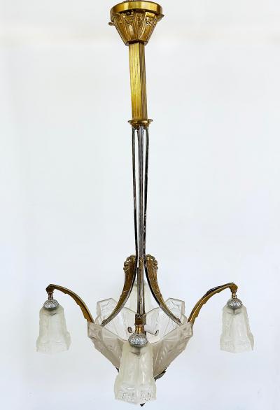 Art Deco Gilt Silvered Bronze Chandelier Frosted Glass Shades