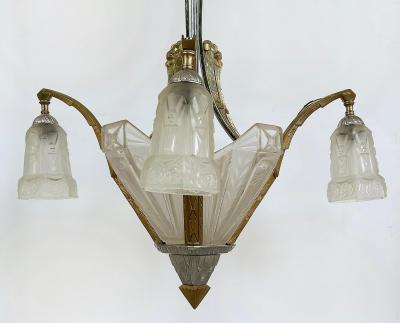 Art Deco Gilt Silvered Bronze Chandelier Frosted Glass Shades