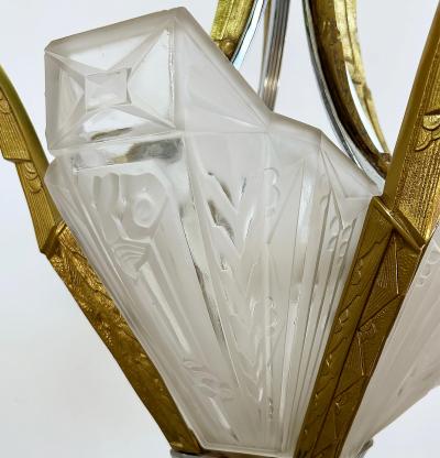 Art Deco Gilt Silvered Bronze Chandelier Frosted Glass Shades