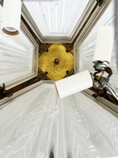 Art Deco Gilt Silvered Bronze Chandelier Frosted Glass Shades
