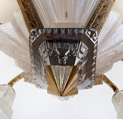 Art Deco Gilt Silvered Bronze Chandelier Frosted Glass Shades