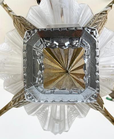 Art Deco Gilt Silvered Bronze Chandelier Frosted Glass Shades