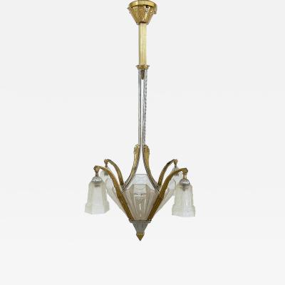 Art Deco Gilt Silvered Bronze Chandelier Frosted Glass Shades