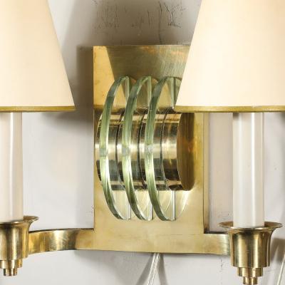 Art Deco Glass Polished Brass Skyscraper Style Sconces by Genet et Michon