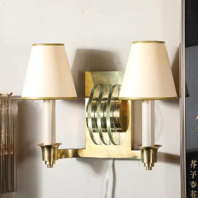 Art Deco Glass Polished Brass Skyscraper Style Sconces by Genet et Michon