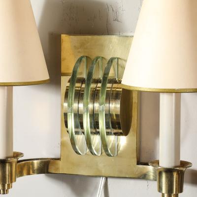 Art Deco Glass Polished Brass Skyscraper Style Sconces by Genet et Michon
