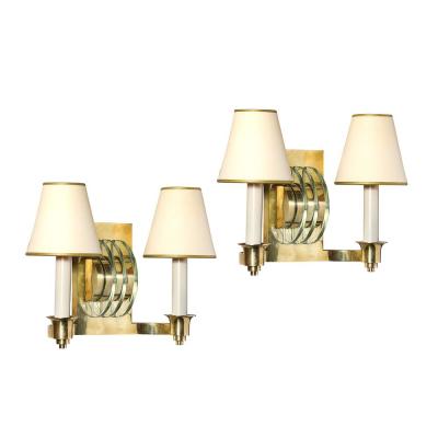 Art Deco Glass Polished Brass Skyscraper Style Sconces by Genet et Michon