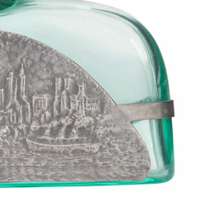 Art Deco Green Tinted Glass and Pewter Perfume Bottle