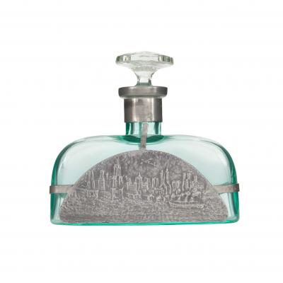 Art Deco Green Tinted Glass and Pewter Perfume Bottle