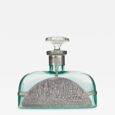 Art Deco Green Tinted Glass and Pewter Perfume Bottle