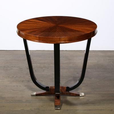 Art Deco Gueridon Table in Book Matched Walnut Lacquered Legs Nickel Sabots