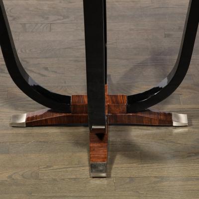 Art Deco Gueridon Table in Book Matched Walnut Lacquered Legs Nickel Sabots