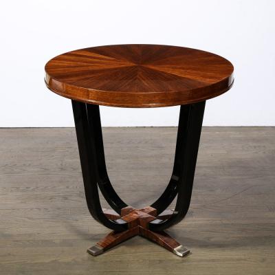 Art Deco Gueridon Table in Book Matched Walnut Lacquered Legs Nickel Sabots