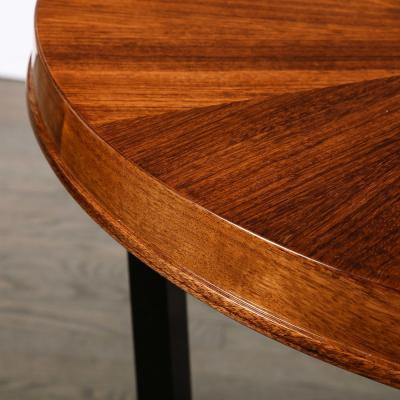 Art Deco Gueridon Table in Book Matched Walnut Lacquered Legs Nickel Sabots