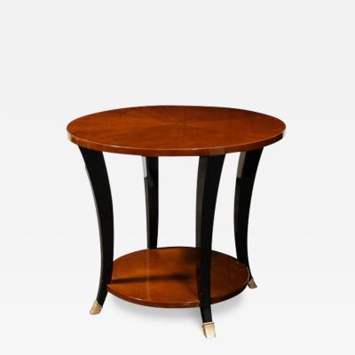 Art Deco Gueridon Table in Bookmatched Walnut W Ebonized Legs Brass Sabots