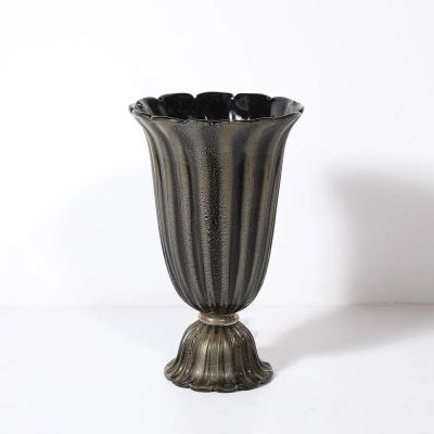 Art Deco Hand Blown Murano Fluted Black Glass Up Lights w 24kt Gold Flecks