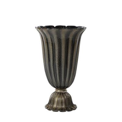 Art Deco Hand Blown Murano Fluted Black Glass Up Lights w 24kt Gold Flecks