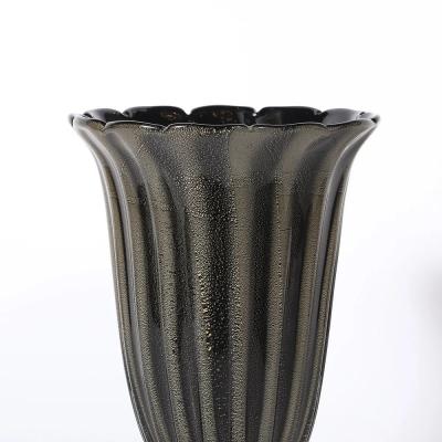 Art Deco Hand Blown Murano Fluted Black Glass Up Lights w 24kt Gold Flecks